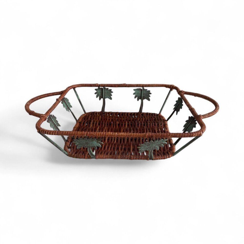 Vintage Woven Rattan & Metal Leaf Basket Tray – Rectangular with Handles